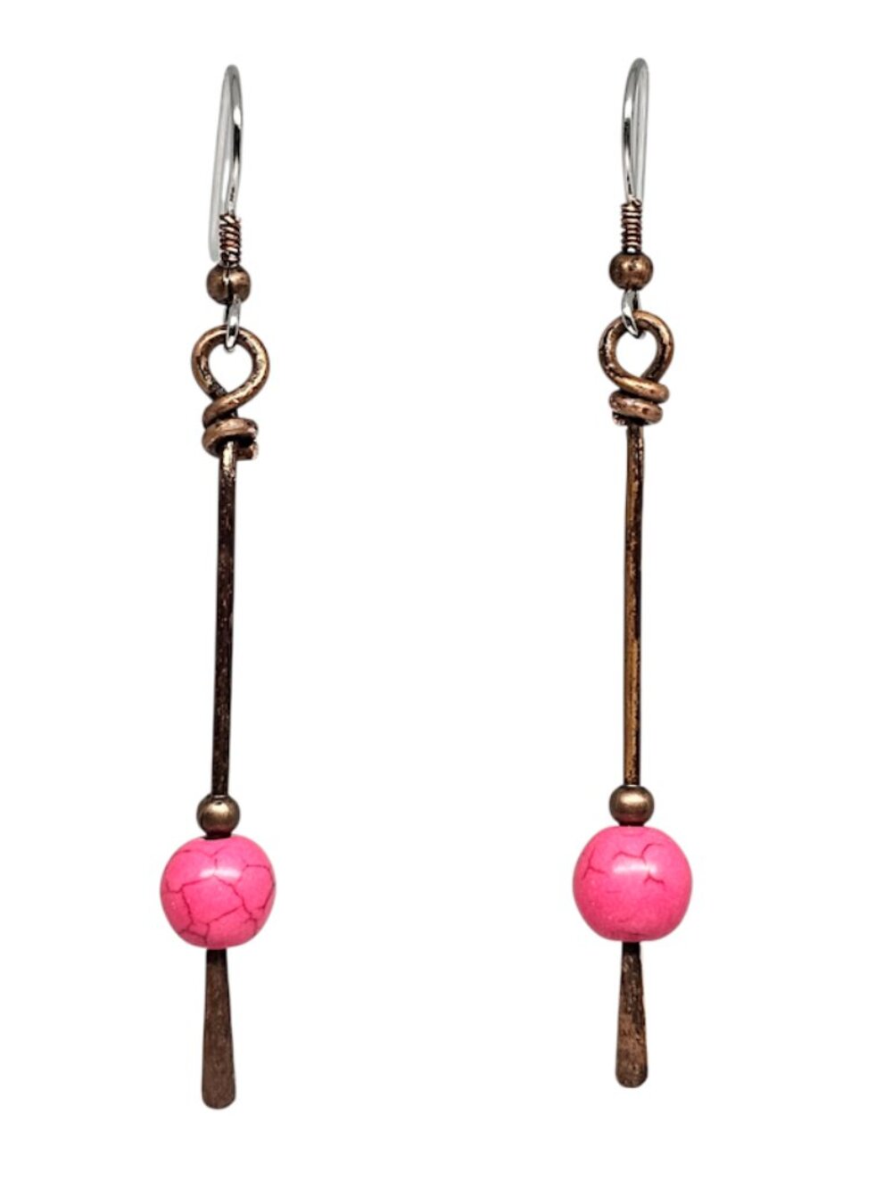Handmade Copper Stick Dangle Earrings Pink Magnesite Beaded Boho Drop